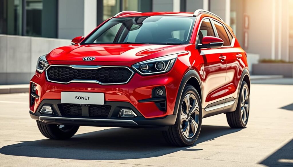 A sleek and modern Kia Sonet in a vibrant shade of red, captured in a dynamic front-angle view. The vehicle's newly redesigned front fascia features a bold, hexagonal grille flanked by sharp, angular headlamps with distinct LED accents. The sculpted hood and dynamic character lines create a sense of forward momentum, while the subtle chrome trim adds a touch of refinement. The Sonet's stance is low and wide, conveying a sporty, aggressive presence. The scene is set against a softly blurred urban backdrop, with the vehicle positioned in a well-lit, sun-dappled environment that accentuates the car's vibrant color and sleek lines.