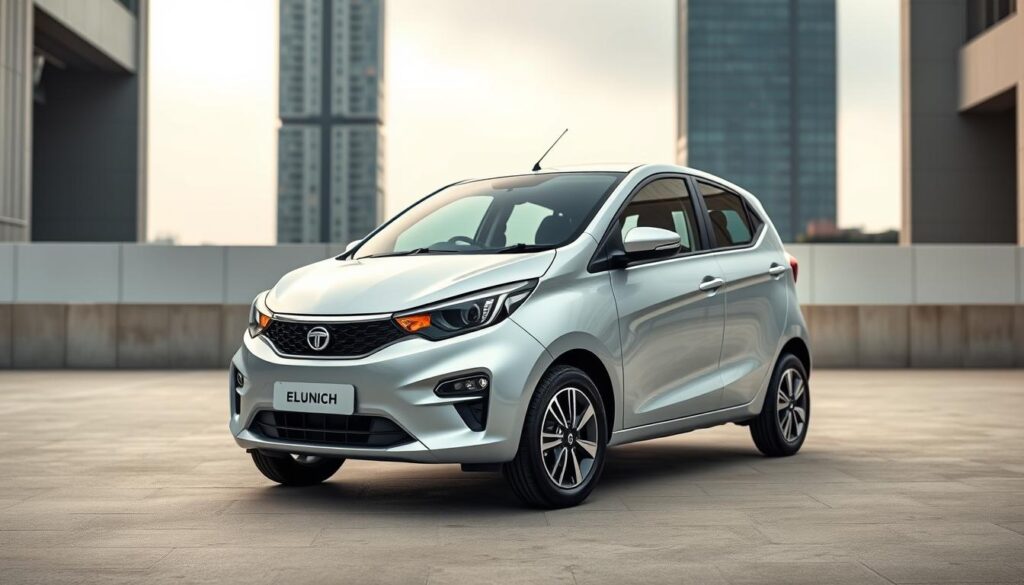 A sleek and modern electric hatchback, the Tata Punch Electric, stands prominently in a minimalist urban setting. Smooth contours and a glossy metallic finish catch the light, while the clean, aerodynamic silhouette hints at its efficient powertrain. Subtle design elements, such as the signature Tata grille and distinctive LED lighting, lend a sense of sophistication. The vehicle is framed by a backdrop of contemporary architecture, with a slightly overcast sky creating soft, even illumination that accentuates the Punch's vibrant color and premium feel. An overall sense of refinement and accessible technology pervades the scene, capturing the essence of an affordable, yet high-quality electric city car.