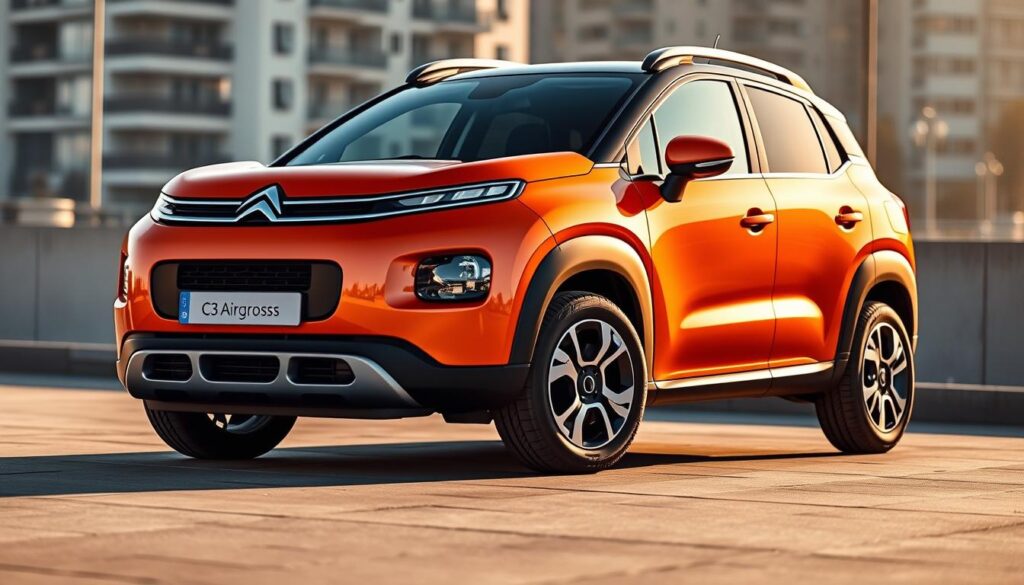 A sleek and sporty Citroën C3 Aircross compact SUV, captured in a dynamic three-quarter front view under soft, warm lighting. The vehicle's distinctive two-tone body paint, with a vibrant orange hue on the upper section and a contrasting black lower section, creates a striking visual contrast. The front grille features Citroën's signature chevron design, flanked by sculpted, angular headlights that convey a sense of modern sophistication. The muscular, elevated stance of the C3 Aircross is accentuated by its flared wheel arches and rugged, yet stylish alloy wheels. In the background, a blurred urban landscape suggests the vehicle's versatility and suitability for both city streets and adventurous explorations.