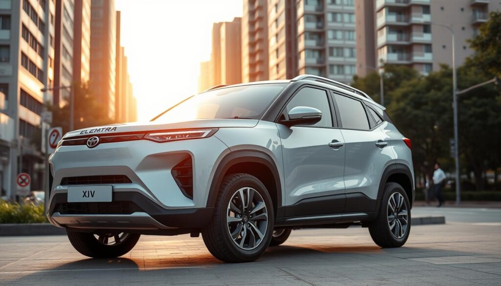 A sleek, modern electric SUV standing in a contemporary urban setting. The Mahindra XUV100 Electric dominates the foreground, its curvaceous body panels and bold front grille catching the soft, warm light of the afternoon sun. The middle ground features a backdrop of high-rise buildings and tree-lined streets, conveying a sense of sustainable, eco-friendly mobility in a thriving city landscape. The image is captured with a wide-angle lens to emphasize the vehicle's imposing presence, while subtle shadows and reflections add depth and realism. The overall mood is one of cutting-edge design, environmental responsibility, and the promise of accessible, affordable electric transportation for the masses.